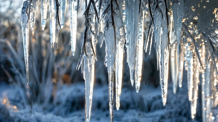 Glistening icicles hanging from frost-covered branches, sparkling in the sunlight on a cold winter day