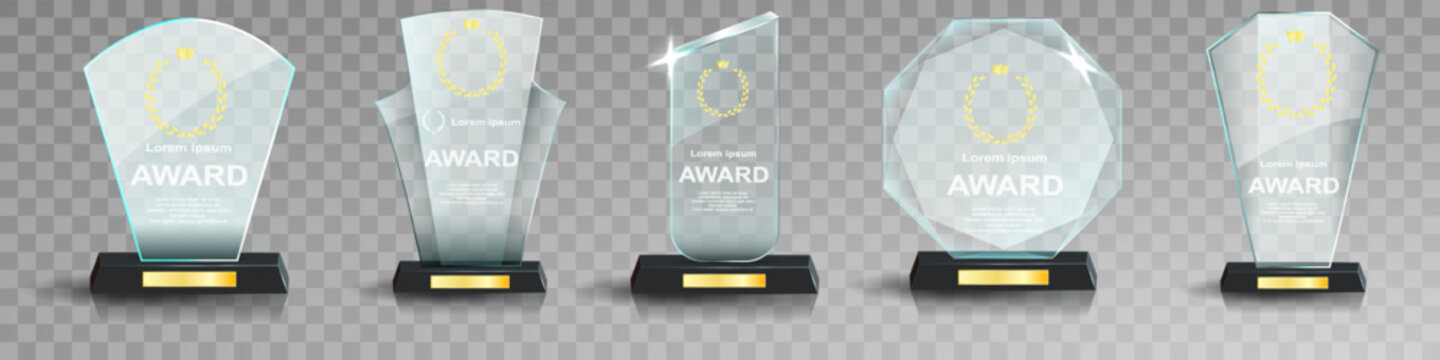 Glass award trophy set. Transparent prize template. Winner first place concept. Vector illustration. Winner glass trophy. First place award, crystal prize and signed acrylic trophies. Glass awarding t