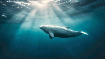 Beluga whale swimming in clear blue ocean with sun rays filtering through the water.