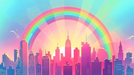 Obraz premium Illustration of a vibrant city skyline with a rainbow arching over the buildings at sunrise, celebrating LGBTQ+ Pride.