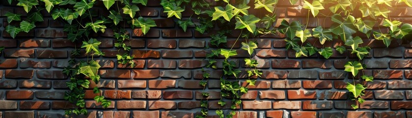 Brick wall with green ivy climbing in sunlight, creating a beautiful nature and urban contrast for backgrounds or design ideas.