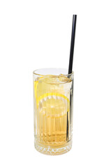 Invigorating drink with a lemon slice and ice