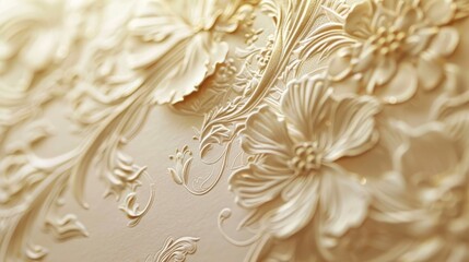 Close-up of elegant floral pattern on ornate golden wallpaper, showcasing intricate details and luxury design elements.