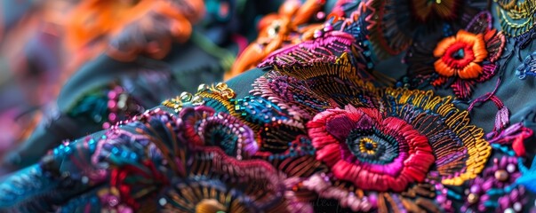 Close-up of vibrant, intricate embroidery with colorful floral patterns and detailed textures in various stitches.