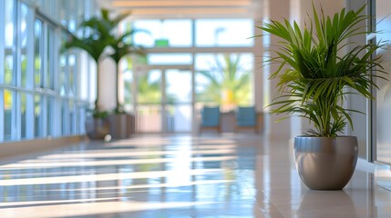 A clean, modern hospital hall with large windows and potted plants adding life to the space. creating an atmosphere that suggests high-quality healthcare services.