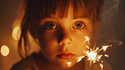 A photo of a child holding a sparkler close to their face, mesmerized by the tiny bursts of light. Their eyes sparkle with the same magic as the sparkler, capturing the essence of childhood wonder.