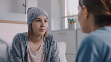 Obraz premium Adolescent cancer patient consulting with physician. Oncologist caring for young woman with cancer and offering mental assistance, aiding her with worry and melancholy.