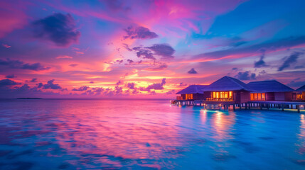 Stunning sunset panorama at Maldives overwater bungalow resort