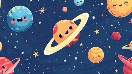 Cute cartoon planets and stars in outer space, creating a colorful, whimsical cosmic scene. Perfect for children's illustrations and designs.