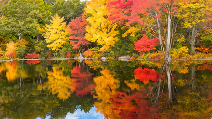 Tranquil pond surrounded by vibrant fall foliage, with reflections of the trees in the still water