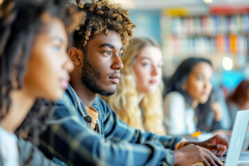 Group of students using laptops in a modern classroom.