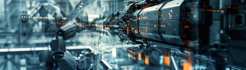 Obraz premium Futuristic robotic arm in modern industrial factory setting, showcasing advanced technology and automation in manufacturing processes.