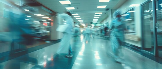 A motion blurred photograph of a hospital interior, doctor and staff working with fast movement