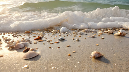 Soothing waves gently lapping at a sandy beach, with seashells scattered along the shoreline