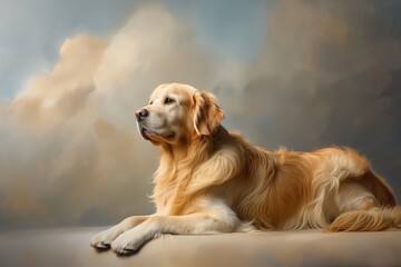 Obraz premium In a studio photo, a friendly golden retriever dog is captured pulling a funny face, radiating charm and playfulness. This portrait perfectly captures the lovable and humorous nature of the dog. 