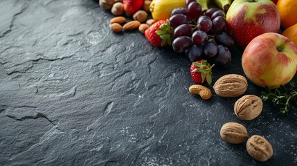 Assorted healthy fruits and nuts displayed on dark slate surface