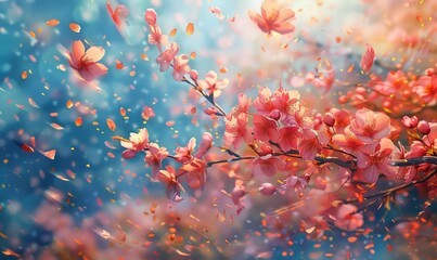 Cherry blossom petals swirling in the wind, creating a dynamic and whimsical scene, vibrant colors, pop art style,