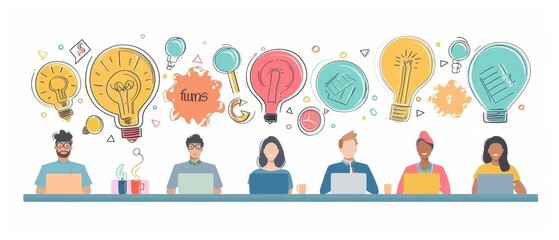 colorful creative agency business brain storm meeting people with icon line presentation young people team discussing roadmap