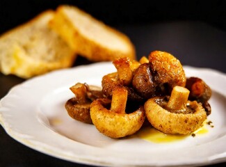 Sauteed mushrooms with fried toasts. Typical/Traditional food for breakfast from United Kingdom. English Food.