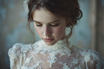 Fototapeta premium A young bride in a white dress exudes grace as she wears a flower in her hair, adding a touch of natural beauty to her look.