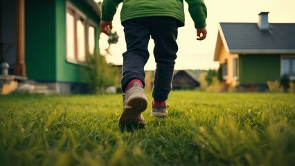 Children's feet close up, child running on green grass.