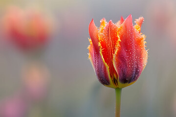 A single red flower with a yellow center is the main focus of the image