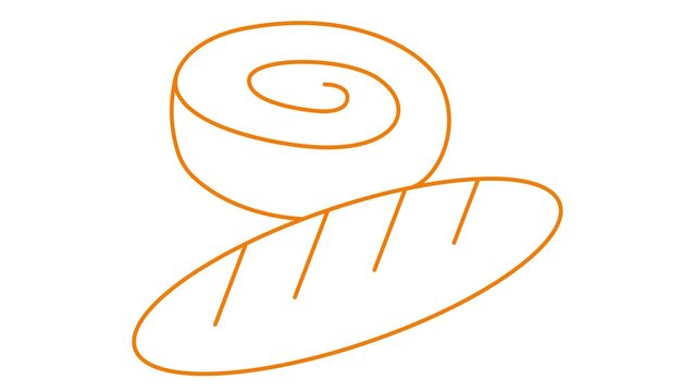 Animated orange linear bread and roll is drawn. Line symbol of bakery. Concept of baking, meal. Looped video. Vector illustration isolated on white background.
