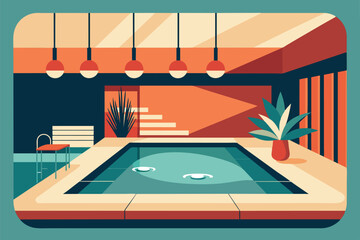 Obraz premium indoor pool area with a modern and cozy design. It is surrounded by various seating areas, including sun loungers and cushioned chairs, creating a comfortable place to relax.