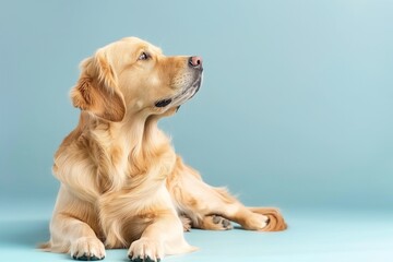 In a studio photo, a friendly golden retriever dog is captured pulling a funny face, radiating charm and playfulness. This portrait perfectly captures the lovable and humorous nature of the dog. 