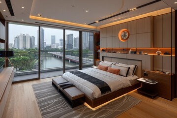 Obraz premium Elegant bedroom with a modern fireplace and large windows, providing a warm and cozy retreat
