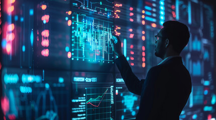 Businessman analyzing big data with AI technology on digital screen