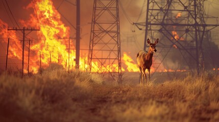 A photo with a focus on human impact, showing a California mule deer fleeing a wildfire with power lines and a burning transmission tower in the background. The deer's