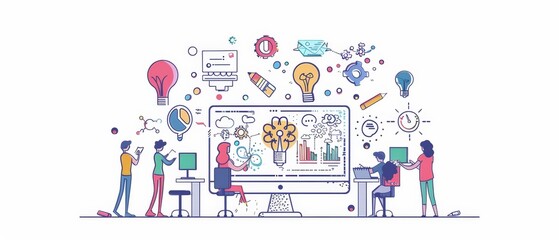 illustration of colorful creative agency business brain storm meeting people with icon line presentation young people team discussing roadmap