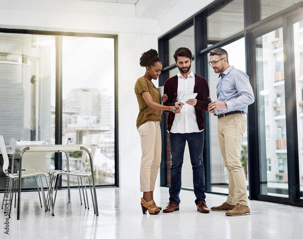 Poster employee, people and discussion at office with tablet for teamwork or collaboration and project. ide