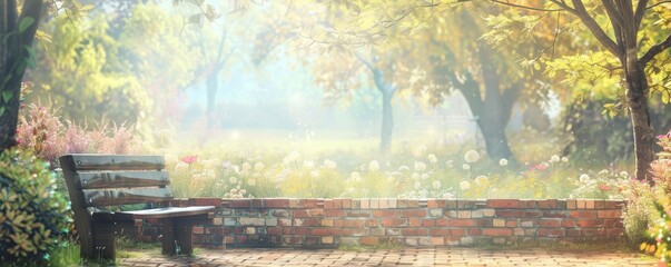 Serene park scene with a wooden bench, lush greenery, blooming flowers, and sunlight filtering through the trees, evoking peace and tranquility.