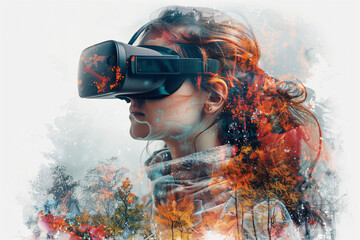 Person wearing a VR headset immersed in a digital environment with virtual elements surrounding them