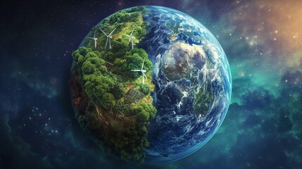 Fototapeta premium A detailed illustration of Earth, with half covered in lush green forests and the other half showcasing renewable energy sources like wind turbines and solar panels. 