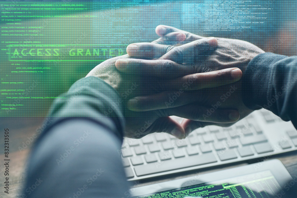Poster Hacker, hands and code on computer at night as spy, information or ransomware with programming on website with overlay. Person, relax and cybersecurity with password, software or hacking crime thief