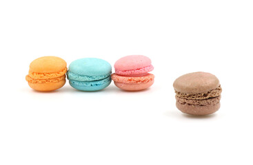 Sweet colorful macarons isolated on white background. Tasty colourful macaroons.