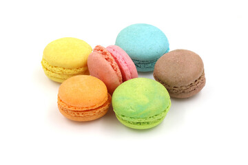 Sweet colorful macarons isolated on white background. Tasty colourful macaroons.