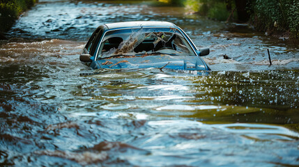 Blue car partially submerged in water canal after extreme accident