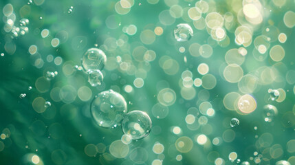 Underwater bubbles with bokeh light effects in clear green ocean