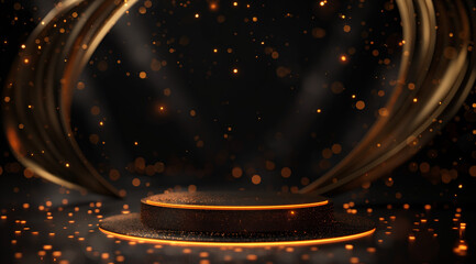 Award ceremony background with a golden shiny podium and trophy