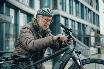 Naklejka premium a image of a man with a bike is looking at his watch