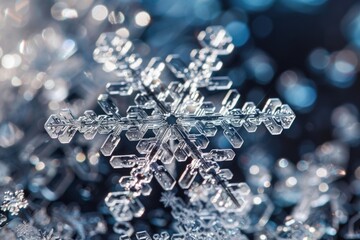Close Up of Detailed Snowflake on Blue Frosty Background