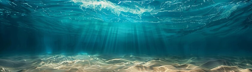 Stunning underwater view with sunlight rays penetrating the water, illuminating the sandy ocean floor. Ideal for nature, ocean, and marine themes.