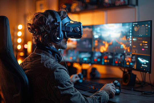 Virtual reality gaming setup with a player wearing a headset and using motion controllers