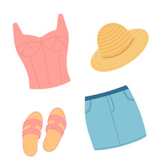 Summer top, denim skirt, sandals, hat on a white background, summer concept. Set of summer clothes. Vector illustration.