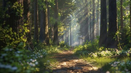 Fototapeta na wymiar Sunlit forest path surrounded by tall trees and green foliage, creating a peaceful and natural woodland scene.