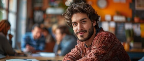 Fototapeta premium young man with creative agency team in a workshop, candid interaction in eclectic studio space